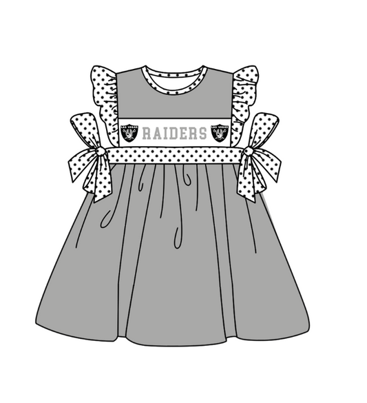 Preorder (moq 5)Baby Girls Flutter Sleeve Grey Raiders Team Knee length Dresses