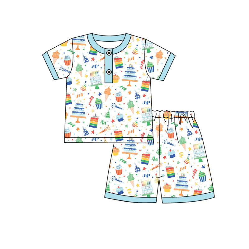 Preorder (moq 5)Baby Boys Blue Tee Top Birthday Shorts Pajamas