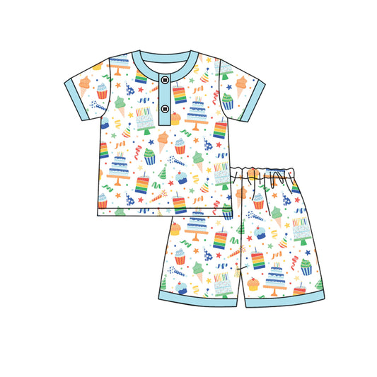 Preorder (moq 5)Baby Boys Blue Tee Top Birthday Shorts Pajamas