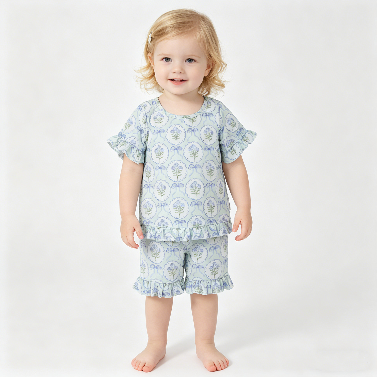 Baby Girls Blue Bows Flowers Top Ruffle Shorts Pajamas Clothes Sets