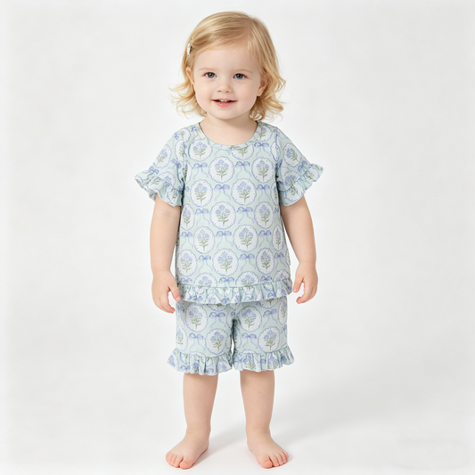 Baby Girls Blue Bows Flowers Top Ruffle Shorts Pajamas Clothes Sets
