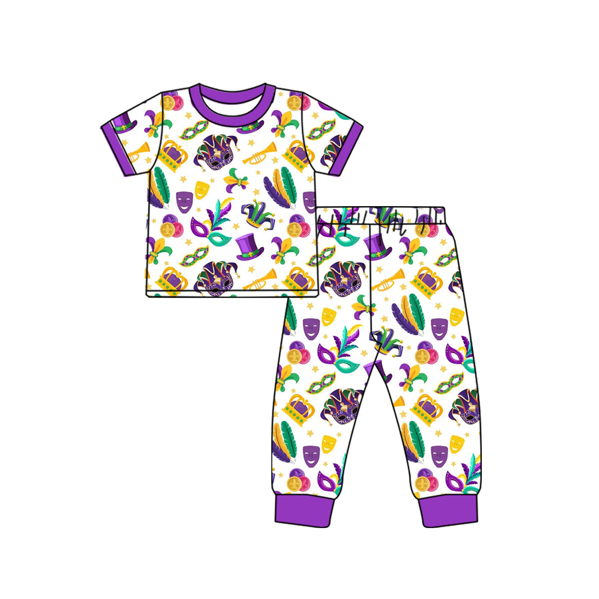 Preorder (moq 5) Baby Girl Clothes Mardi Gras Mask Feather Horn Mixed Print Short Sleeve Jogger Pant Set