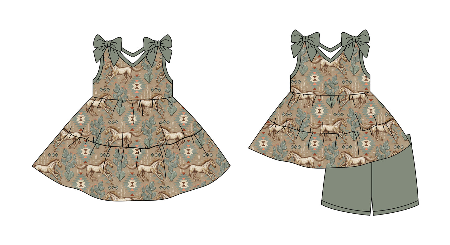 Preorder moq 5 Custom Baby Girls Gray Horse Cactus Tunic Short Set Knee Length Dresses