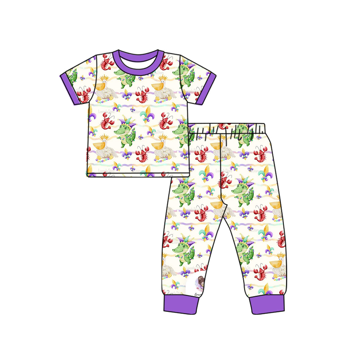 Preorder (moq 5) Baby Girl Clothes Mardi Gras Crawfish Gator Pelican Mixed Print Short Sleeve Jogger Pant Set