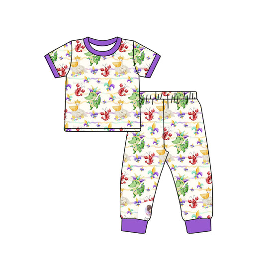 Preorder (moq 5) Baby Girl Clothes Mardi Gras Crawfish Gator Pelican Mixed Print Short Sleeve Jogger Pant Set