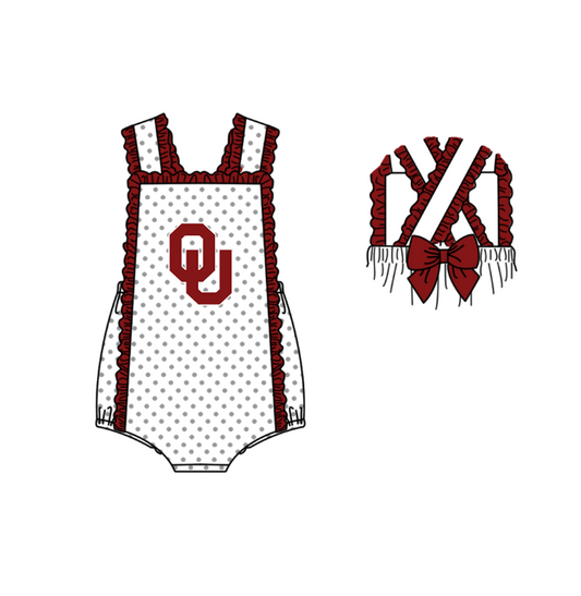 Preorder (moq 5)Baby Girls Strap Polka Dots OU Back Bow Team Ruffle Rompers