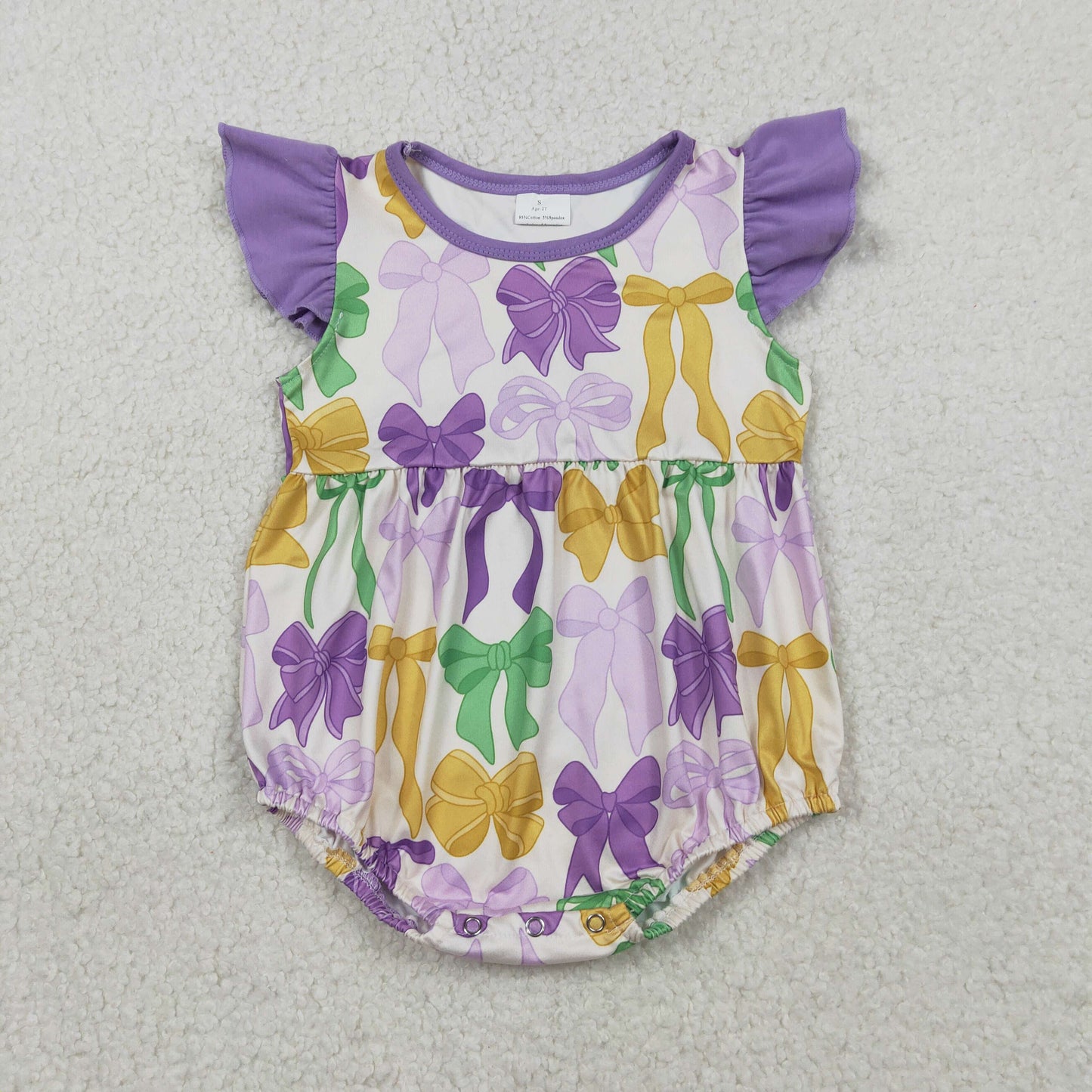 Baby Girls Flutter Sleeve Mardigras Bows Plaid Ruffle Rompers