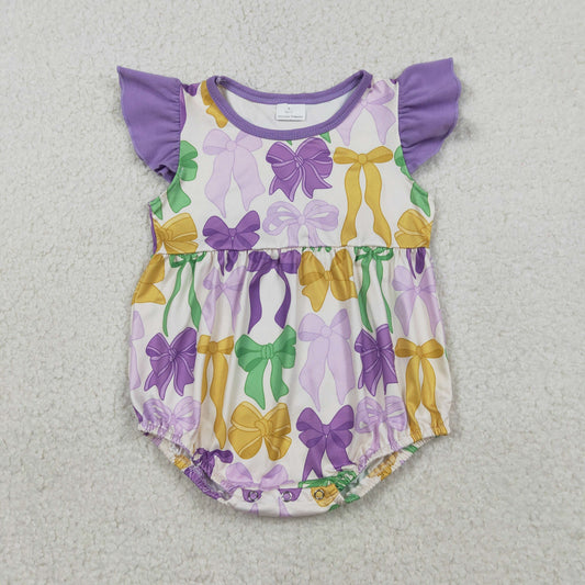 Baby Girls Flutter Sleeve Mardigras Bows Plaid Ruffle Rompers