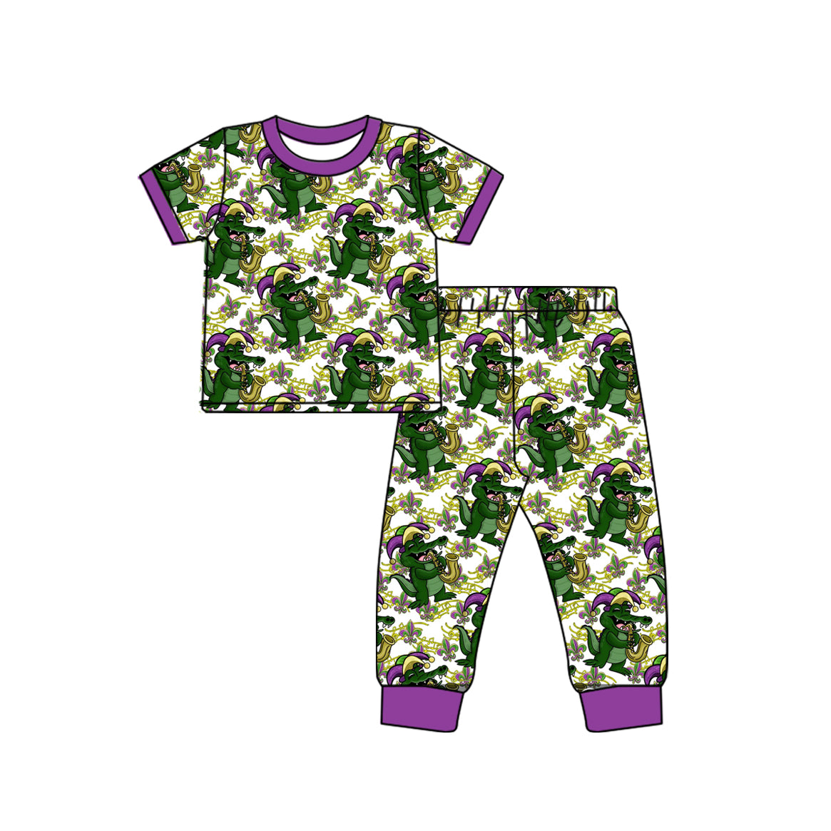 Preorder (moq 5) Baby Girl Clothes Mardi Gras Jazz Gator Jester Hat Mixed Print Short Sleeve Jogger Pant Set