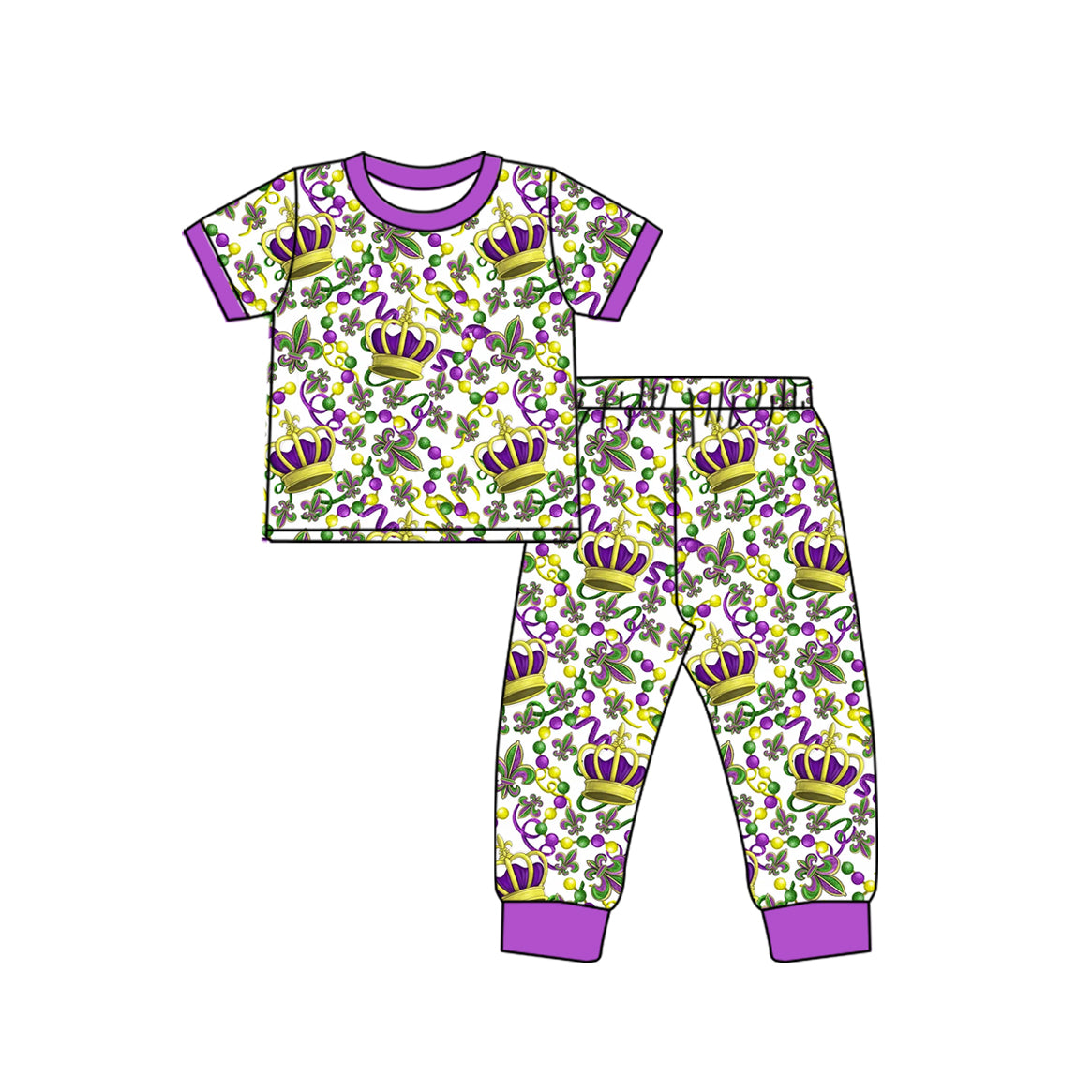 Preorder (moq 5) Baby Girl Clothes Mardi Gras Crown Bead Fleur De Lis Mixed Print Short Sleeve Jogger Pant Set