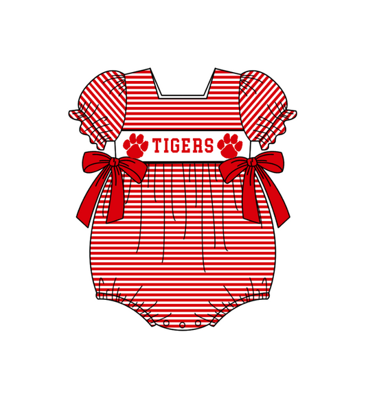 Preorder (moq 5)Baby Girls Short Sleeve Red Stripe Tigers Team Ruffle Rompers