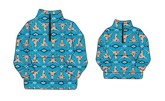 Preorder(moq 5)Mama and Me Long Sleeves Aztec Bull Skull Pocket Zipper Pullovers Top