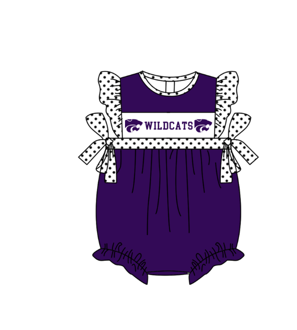 Preorder (moq 5)Baby Girls Polka Dots Flutter Sleeve Wildcats Team Ruffle Rompers