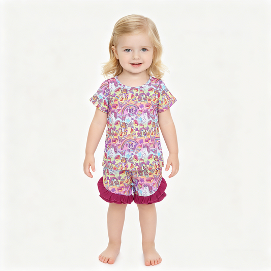 Baby Girls Stars Cartoon Animals Top Ruffle Shorts Clothes Sets