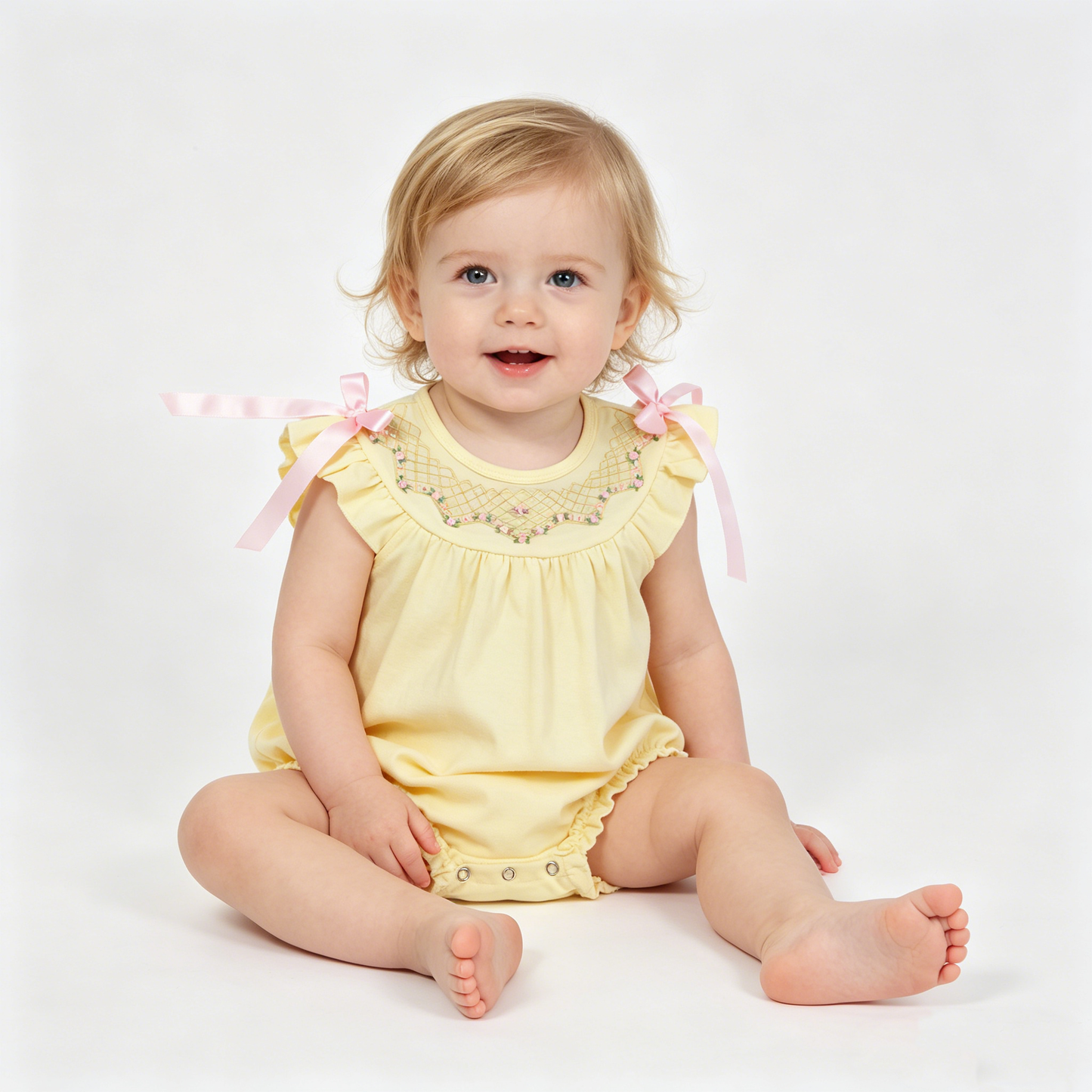 Embroidery Flowers Checked Baby Girls Bows Flutter Sleeve Ruffle Rompers