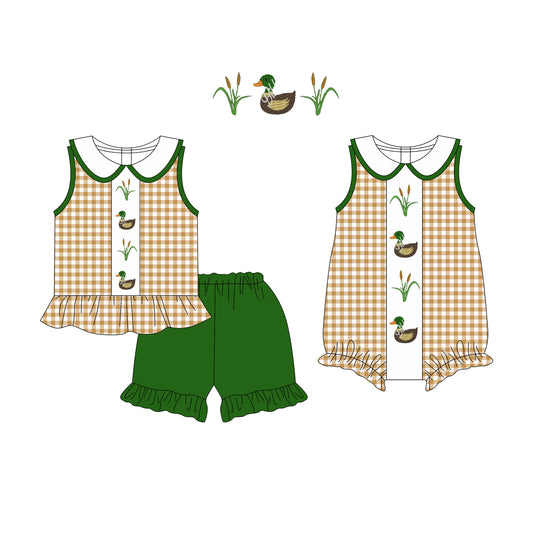 Preorder moq 5 Custom Baby Girls Khaki Plaid Sleeveless Ducks Tunic Green Ruffle Short Set Rompers