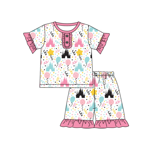 Preorder (moq 5)Baby Girls Pink Castle Tee Top Shorts Pajamas