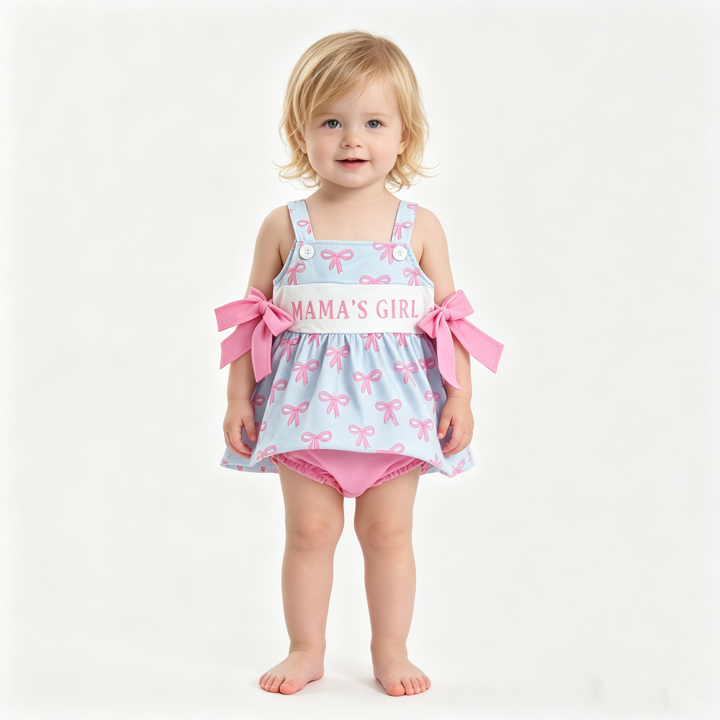 Baby Girls Pink Strap Mama's Girls Bows Tunic Bummies Ruffle Rompers