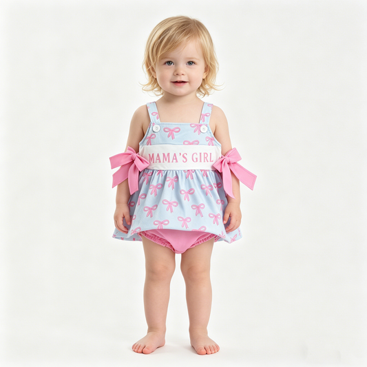 Baby Girls Pink Strap Mama's Girls Bows Tunic Bummies Ruffle Rompers