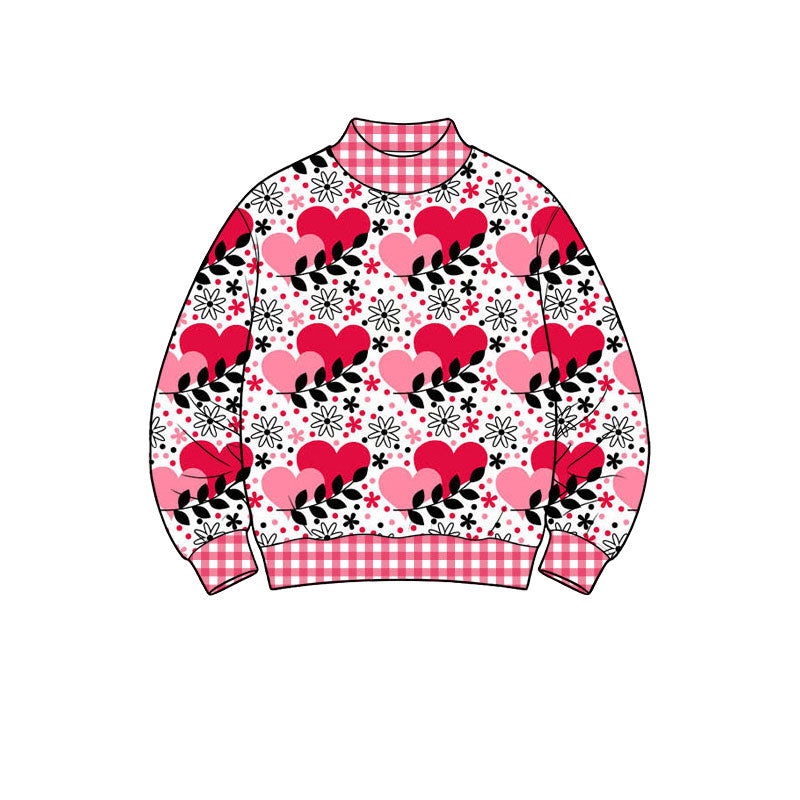 Preorder (moq 5) Baby Girl Clothes Red Heart Floral Gingham Mixed Print Long Sleeve Mock Neck Sweatshirt