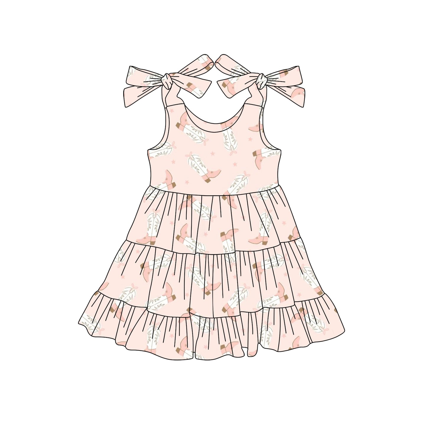 Preorder (moq 5)Baby Girls Pink Bows Strap Boots Stars Knee Length Dress