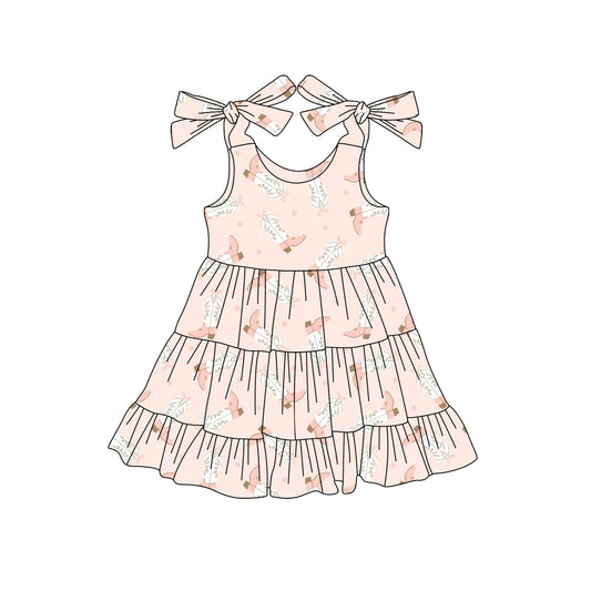 Preorder (moq 5)Baby Girls Pink Bows Strap Boots Stars Knee Length Dress