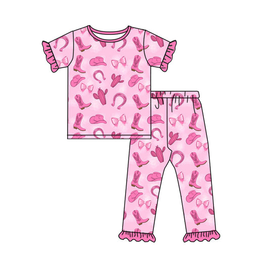 Preorder (moq 5)Baby Girls Pink Hat Boots Cactus Top Ruffle Pants Western Pajamas Sets