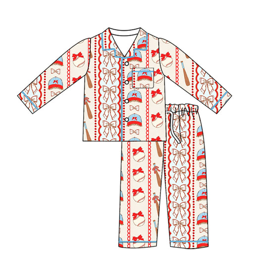 Preorder (moq 5)Baby Girls Bows Baseballs Button Pocket Top Pant Team Pajamas Sets