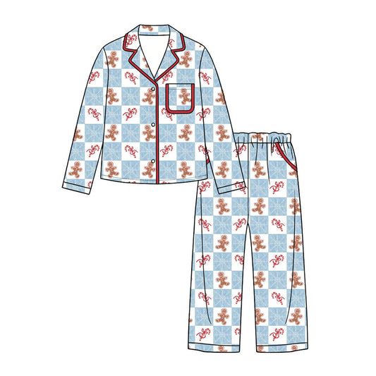 Preorder (moq 5) Adult Women Gingerbread Candy Cane Button Pocket Top Pant Christmas Pajamas Sets
