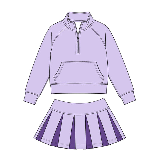 Preorder (moq 5) Baby Girls Lavender Zip Pockets Pullovers Purple Pleated Skirt Short Clothes Sets