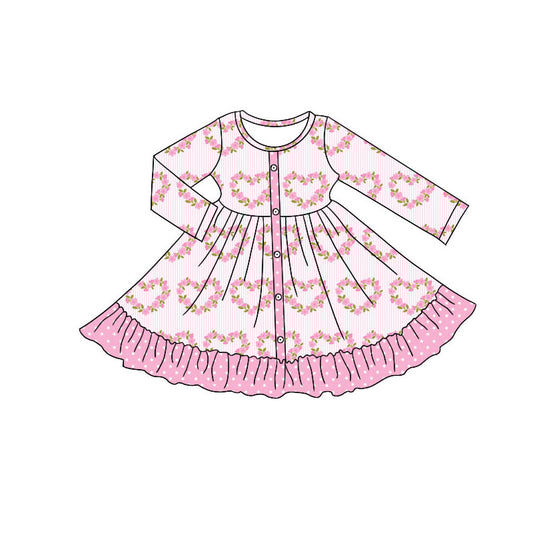 Preorder (moq 5)Baby Girls Pink Flower Hearts Button Valentine Ruffle Knee Length Dresses