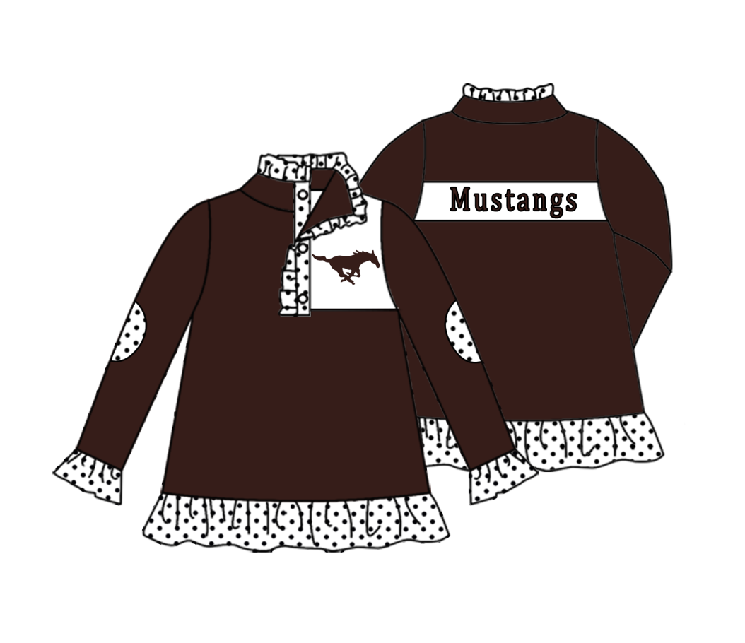Split Preorder July 21th Baby Girls Team Brown Long Ruffle Sleeves Mustangs Button Pullovers Top