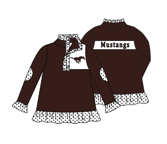 Split Preorder July 21th Baby Girls Team Brown Long Ruffle Sleeves Mustangs Button Pullovers Top