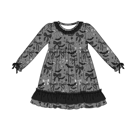Preorder moq 5 Baby Girls Black Long Ruffle Sleeves Bows Bats Ruffle Knee Length Dresses
