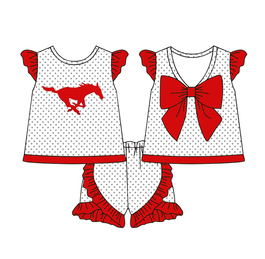 Split Preorder July 21th Baby Girls Team Red Flutter Sleeves Polka Dots Horses Tunic Ruffle Shorts Set