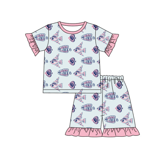Preorder (moq 5)Baby Girls Fish Cute Summer Shirt Top Shorts Pajamas Clothes Sets