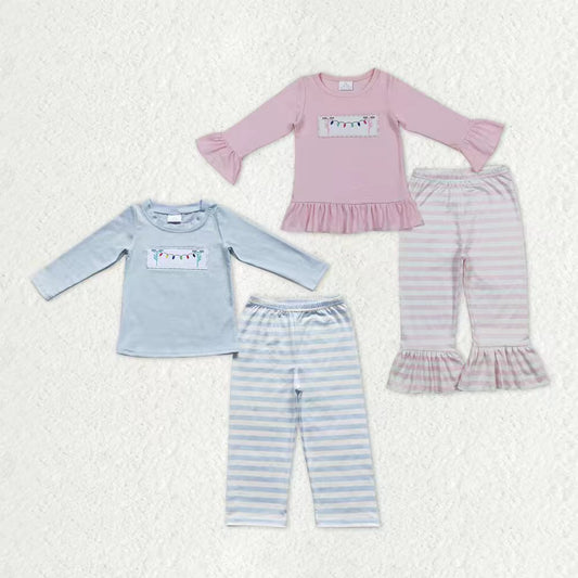 Sibling Embroidery Lights Baby Kids Long Sleeves Pants Christmas Pajamas Sets