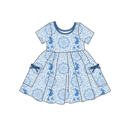 Preorder(moq 5) Baby Girls Blue Floral Rabbits Eggs Easter Pockets Knee Length Dresses