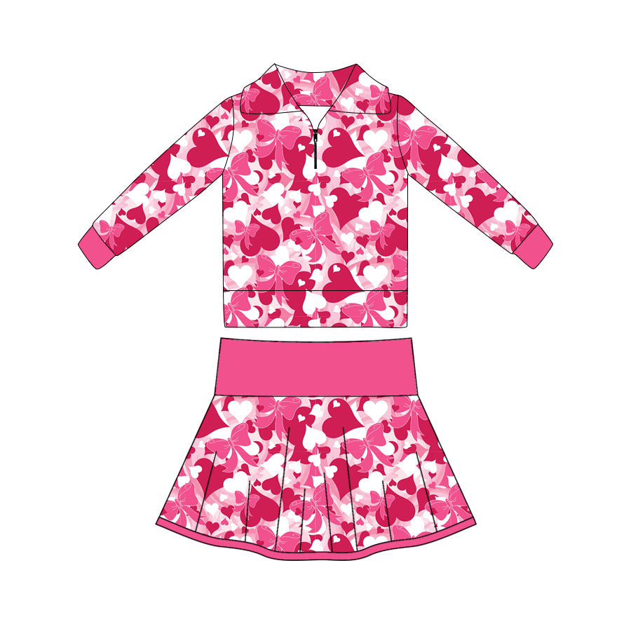 Preorder(moq 5) Baby Girls Pink Hearts Camo Zipper Pullovers Skirts Valentine Clothes Sets