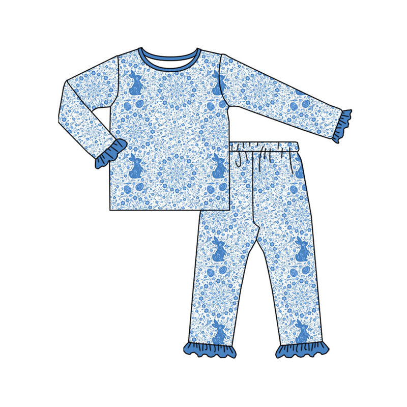 Preorder(moq 5) Baby Girls Blue Floral Rabbits Eggs Top Ruffle Pants Easter Pajamas Sets