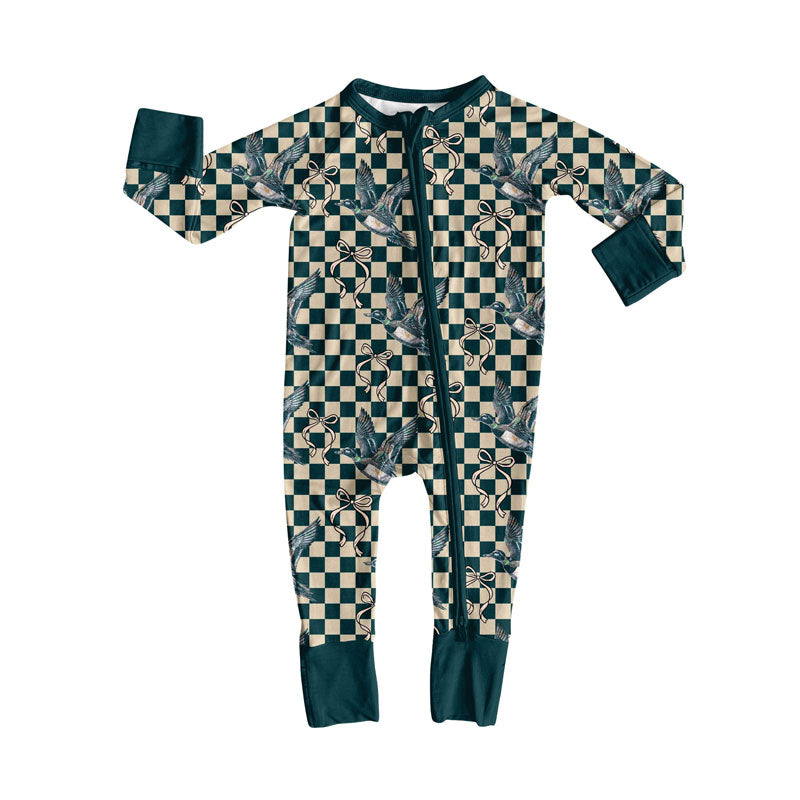Preorder(moq 8)Baby Boys Checked Bows Ducks Hunting Zipper Footie Rompers