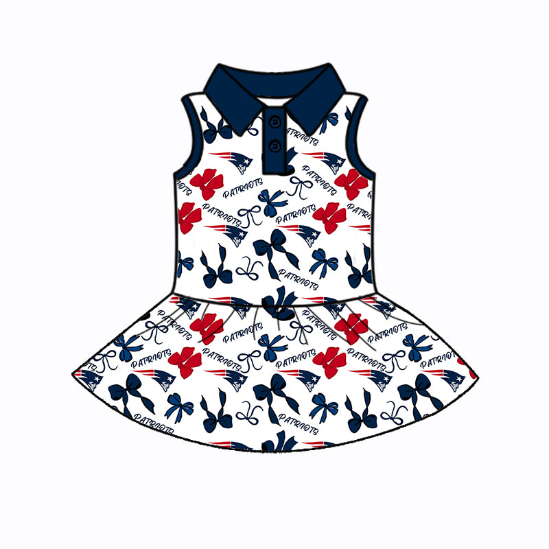 Preorder (moq 5)Baby Girls Sleeveless Bows Plaid Patriots Button Team Knee Length Dresses