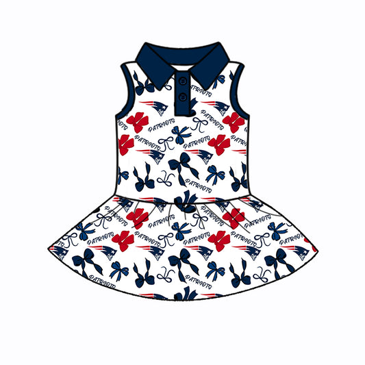 Preorder (moq 5)Baby Girls Sleeveless Bows Plaid Patriots Button Team Knee Length Dresses