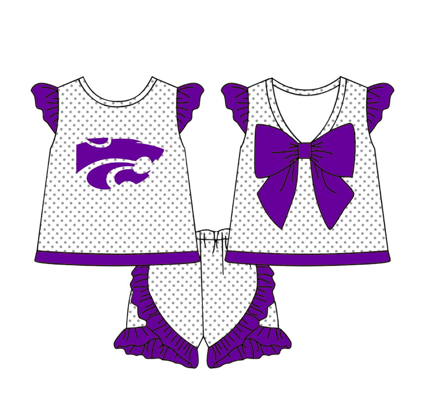 Split Preorder July 21th Baby Girls Team Purple Flutter Sleeves Polka Dots Lions Tunic Ruffle Shorts Set