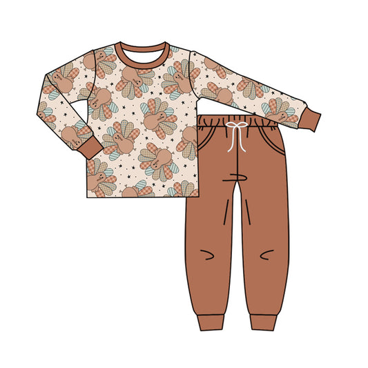 Preorder (moq 5)Baby Boys Long Sleeves Turkey Stars Plaid Top Pockets Legging Pant Set