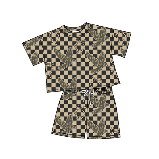 Preorder(moq 8)Baby Girls Checked Bows Ducks Hunting Top Shorts Pajamas Sets