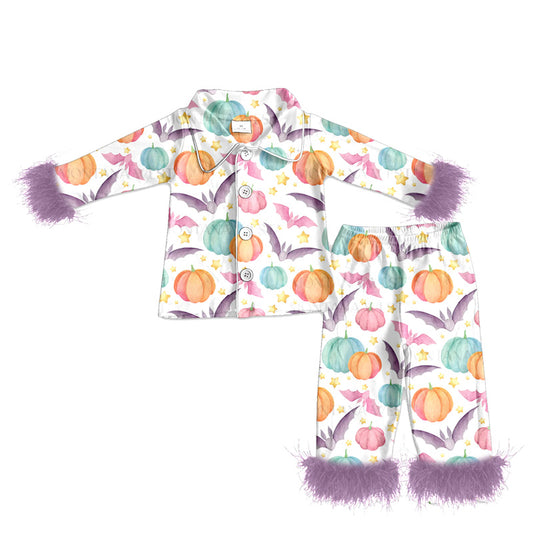 preorder(MOQ 5)Baby Girls Halloween Purple Bats Fur Top Pants Pajamas