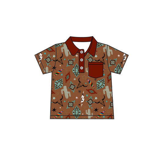 Preorder (moq 5)Baby Boys Dark Red Short Sleeves Button Pocket Cactus Bull Skull Aztec Polo Shirts Top