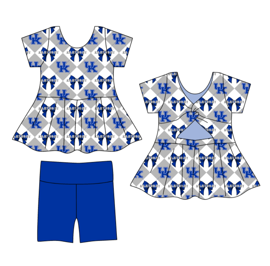 Preorder (moq 5)Baby Girls Team Bows Checked Tunic Shorts Clothes Sets