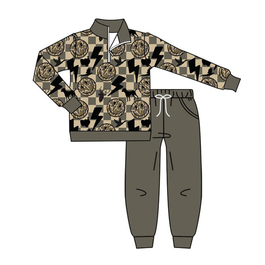 Preorder(moq 8)Baby Boys Checked Smiles Hunting Zip Pullover Pockets Jogger Clothes Sets